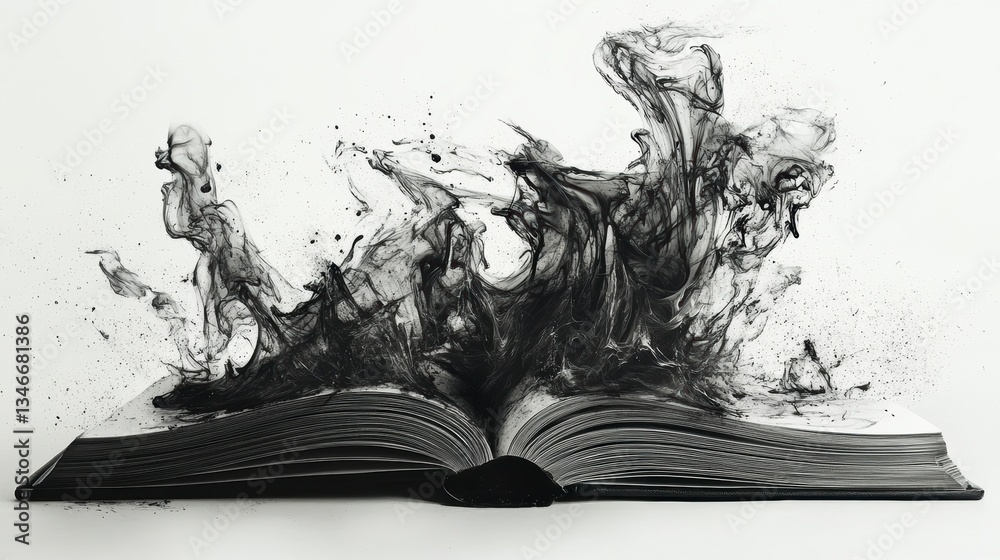 Poster Abstract black ink exploding from an open book, representing creativity, imagination, and knowledge.