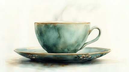 Antique Green Ceramic Teacup with Saucer and Rising Steam in Watercolor Style for Cozy Tea Time, Vintage Aesthetic, Home Decor, and Art Collectors