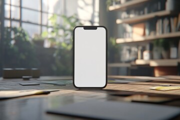 Smartphone standing upright on a wooden desk in a room