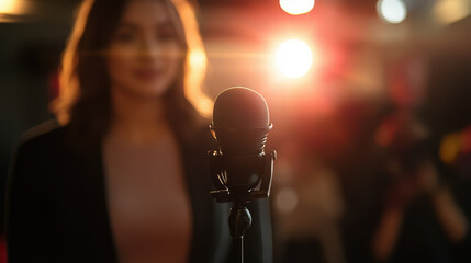Woman holding a microphone confidently while answering interview questions during a job application process
