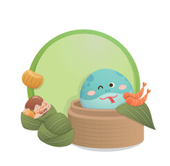 Round green template with snake and zongzi cartoon characters, commercial advertising template