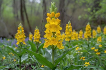 Obraz premium A cluster of tall yellow flowers blooming in a field setting