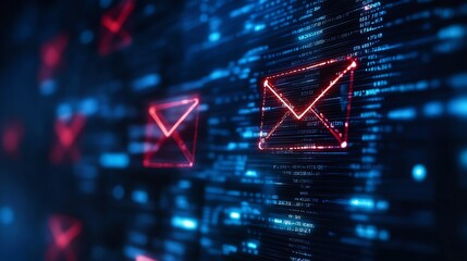 Digital communication network with glowing icons.