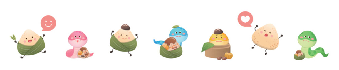 A playful set of snakes and glutinous rice dumplings, Dragon Boat Festival illustration