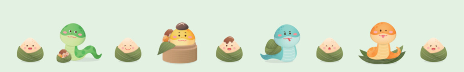 Set of illustration elements for traditional Chinese festival Dragon Boat Festival, snake mascot