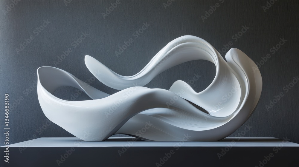 Poster abstract white sculptural form with flowing, dynamic curves on a dark gray platform.