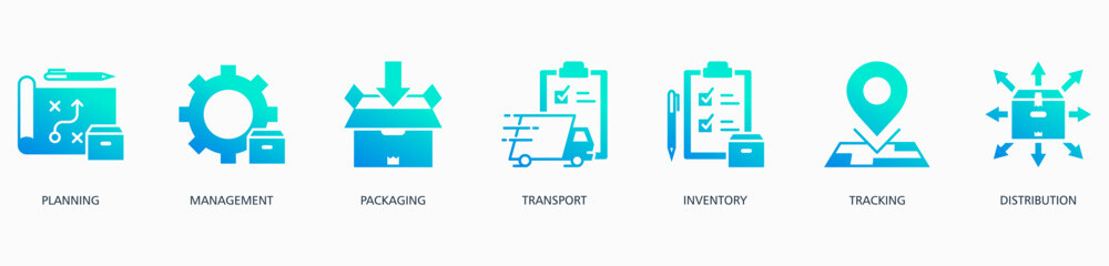 Logistics banner web icon vector illustration concept with icon of planning, management, packaging, transport, inventory, tracking and distribution