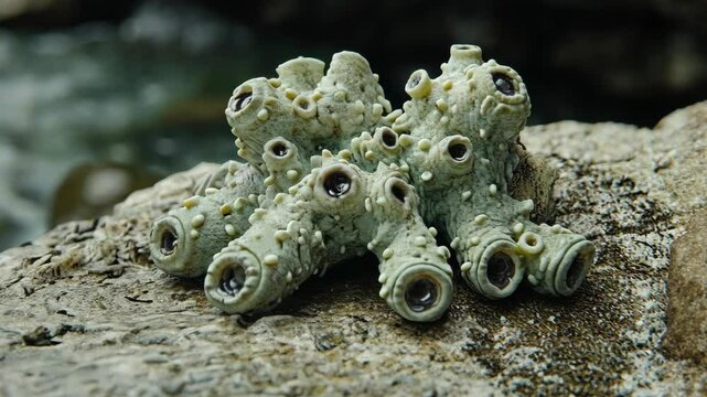 Unique marine life on a rocky shore showcasing a cluster of sea squirts during low tide by the ocean