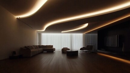 Modern living room, curved lighting, city view, evening ambiance, interior design