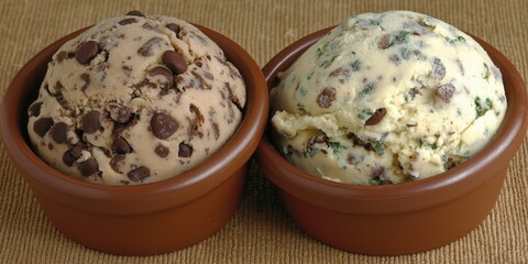 Two bowls of frozen desserts with chocolate chips and mint on a textured beige surface creating a sweet and cool treat