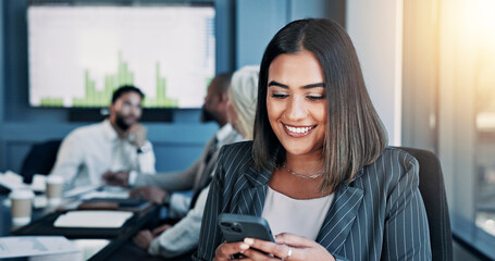 Meeting, phone and happy woman in office for online research, website and digital notes. Business, corporate staff and worker on smartphone typing for planning, feedback and contact on mobile app