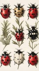 Vintage Botanical Ladybug Study, Ladybugs