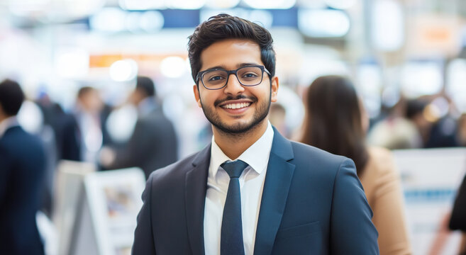 Indian businessman in a formal suit at a professional networking event, engaging with business professionals at an international conference