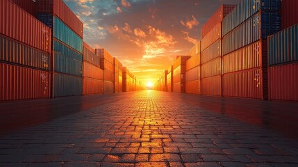 Fototapeta premium Sunset over Shipping Containers at a Port