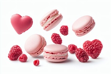 Fototapeta premium Pink Macarons and Fresh Raspberries Arranged with Heart Shaped Macaron on White Background a Sweet Treat Perfect for Celebrations