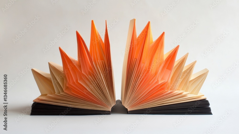 Poster open book with orange and beige folded pages forming a flame-like shape against a white background.