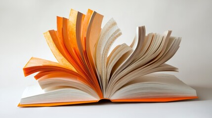 Fototapeta premium Open book with pages fanned out, showing colorful orange and off-white pages against a white background.