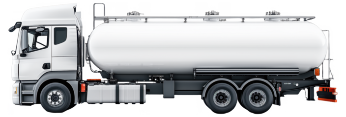 Side view of a white fuel tanker truck