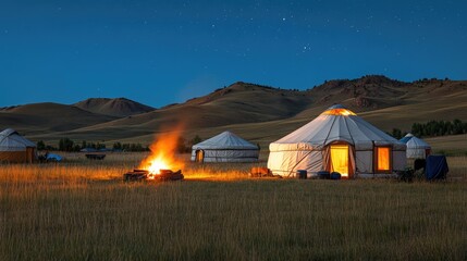 Nomadic Nights: A serene nightscape unveils a cluster of traditional yurts under a starlit sky, a campfire casting a warm glow.
