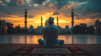young muslim man sitting in front of mosque