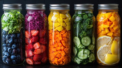 Colorful Assortment of Fresh Fruits and Vegetables in Glass Jars for Healthy Eating Inspiration