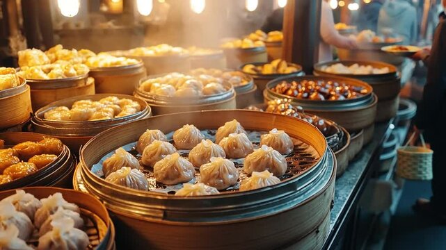 Steaming Deliciousness: A mouthwatering array of Asian dumplings at a bustling food market