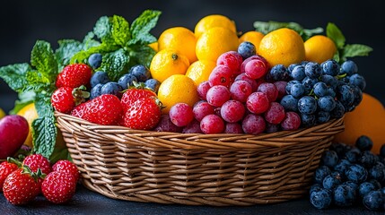 Fresh Fruit Display with Berries, Citrus Fruits, and Mint Leaves in a Woven Basket on Dark Background