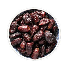 Dates in bowl isolated on white background. Dry date fruits