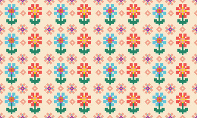 a detailed seamless composed of pixel designs with red and light blue flowers square on yellow background , design for fabric or various pattern printing works.