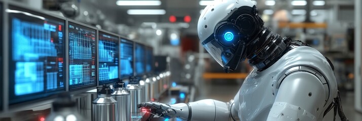 Fototapeta premium Robotic humanoid checking data on multiple screens