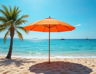 Fototapeta premium Peaceful Beach with an Orange Umbrella