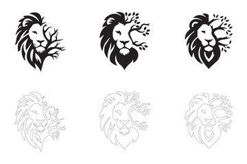 Lion and Tree Logo Designs in Black and White. Fully editable Flat and Outline.