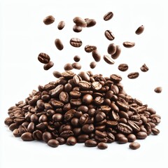 Roasted Coffee Beans Pile with Flying Beans on White Background