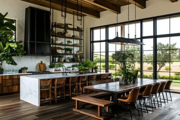 Fototapeta premium This beautiful new luxury home features a traditional kitchen with hardwood floors, wood beams, and a large island with quartz counters, complete with a farmhouse sink, elegant pendant lights, and