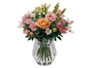 Floral arrangement in a crystal vase with roses and other cut flowers