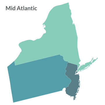 American region of Mid Atlantic region.  Mid Atlantic, or Middle Atlantic states each state in color.