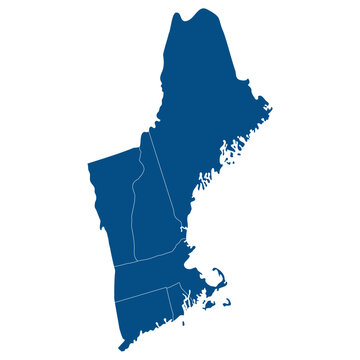 USA states New England regions map. New England region of the United States of America with each state in blue color