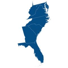 US regions of South Atlantic. Regions of the United States of America of South Atlantic each state with blue color