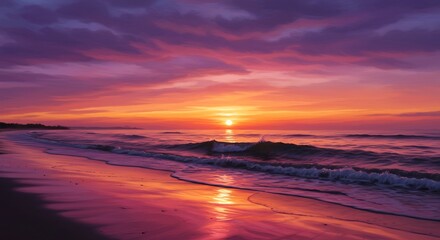 Vibrant sunset over ocean beach warm colors. AI Generated