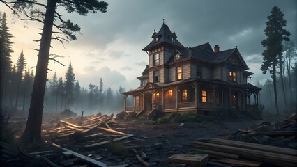Obraz premium Victorian House Ruin Storm Aftermath with Cozy, Chaotic Contrast V6
