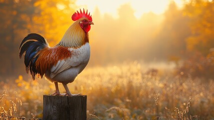 Majestic Rooster at Sunrise in Autumnal Field