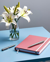 journal book, sleek pen, glass vase, blue desk, peaceful workspace, organized work environment, exam study time, study essentials, writing tools, modern desk setup, stylish stationery, productivity bo