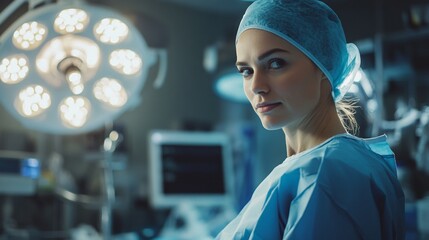 Female caucasian surgeon in operating room with surgical equipment and focused expression