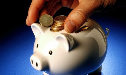The image depicts a hand placing a coin into a white piggy bank against a blue backdrop with extra space for text, representing the idea of setting aside funds for future investments and retirement
