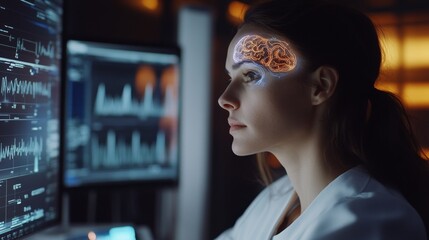 Young caucasian female scientist analyzing brain data with advanced technology