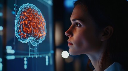 Young caucasian female analyzing digital brain model in futuristic lab setting