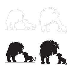 Lion Family Silhouette Set - Love and Protection. Fully editable Flat and Outline. 