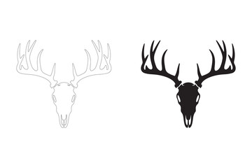 Vector Illustration of a Deer Skull with Antlers in Black and White.