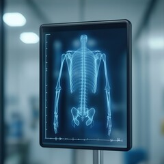 An illuminated X-ray image of a human skeleton displayed on a digital screen in a modern medical environment.