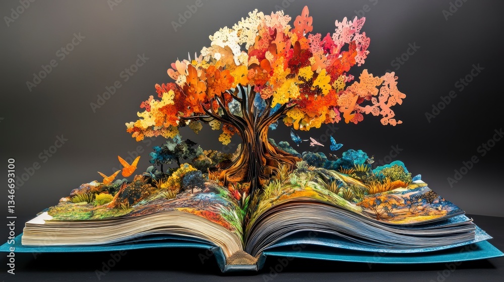 Poster vibrant autumn tree pops from open book pages, showcasing intricate paper art.